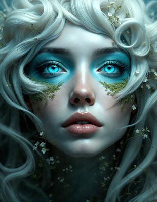 The primary subject of the image is a woman with white hair and blue eyes. She is wearing makeup, including blue eyeshadow, and has a green leaf painted on her face. The setting is a forest, with the woman standing in front of a tree. The visual style is digital art, and the colors and mood are vibrant and lively.
